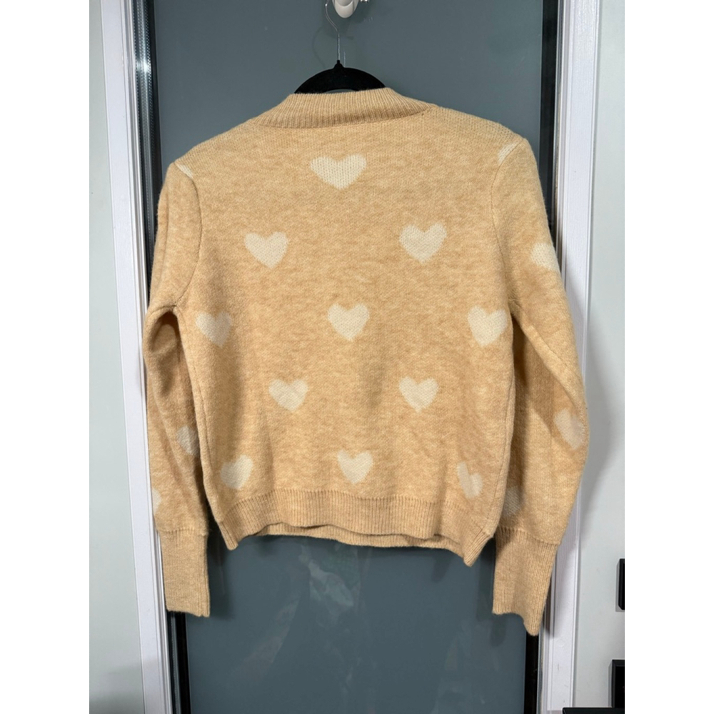 SHEIN Beige Sweater White Heart Print Size S US 4 Long Sleeve Knit - Picture 5 of 6